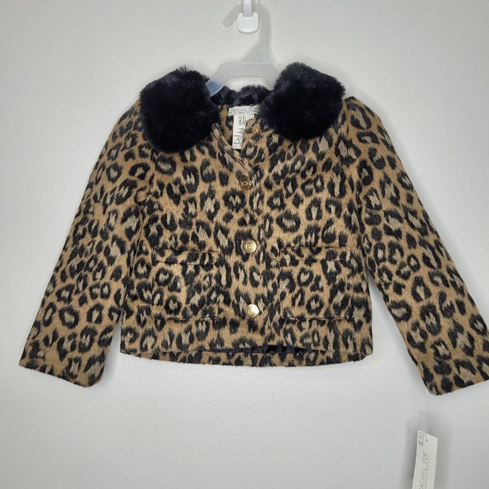Rachel Zoe brown black animal print snap front faux fur trim jacket size 4t NWT
